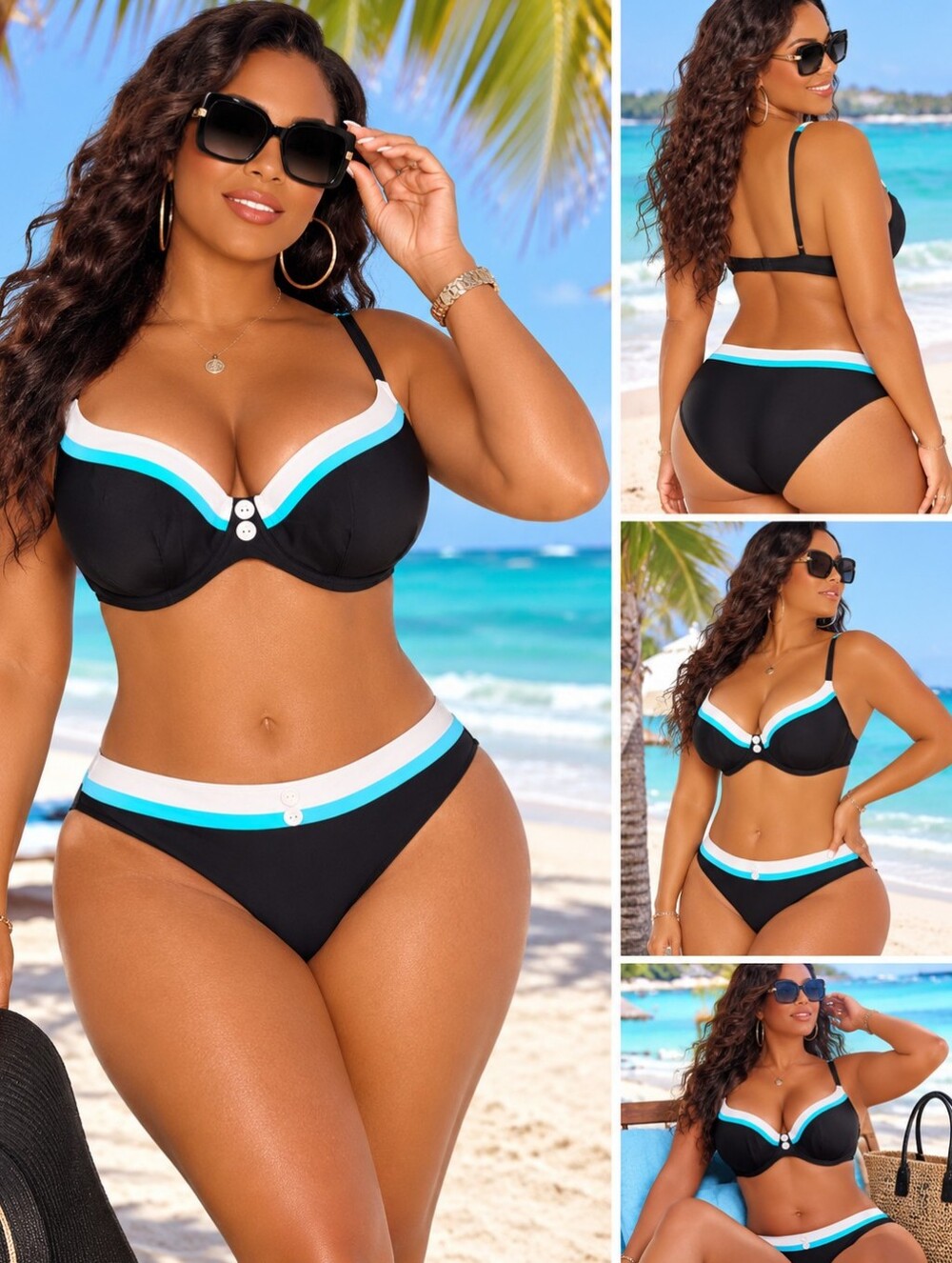 Freya Black Bikini with Aqua & White Trim - Underwire Swim Set